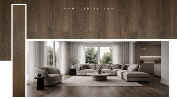 JY-401 Taupe Brown SPC flooring installed in living room