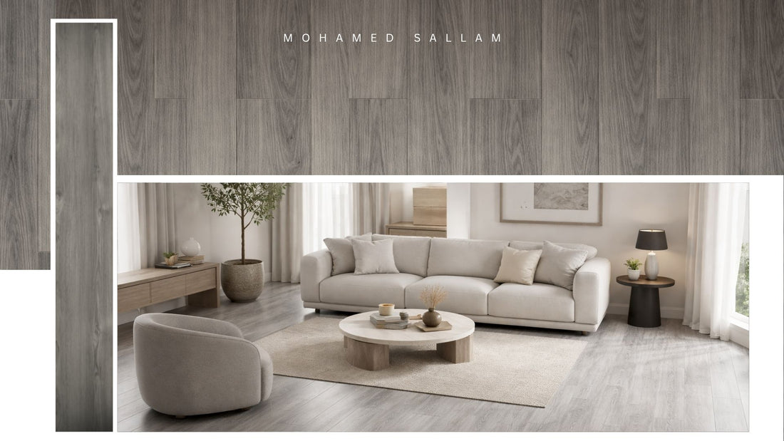 JY-601 Warm Grey SPC flooring installed in living room
