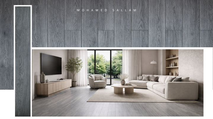 JY-402 Cool Grey SPC flooring installed in living room